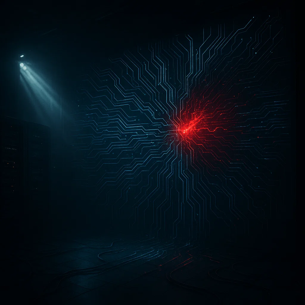 Bir bilgisayar virüsünün dijital bir sisteme nasıl sızdığını gösteren, karanlık ve sinematik bir görselde parlayan kod satırları.