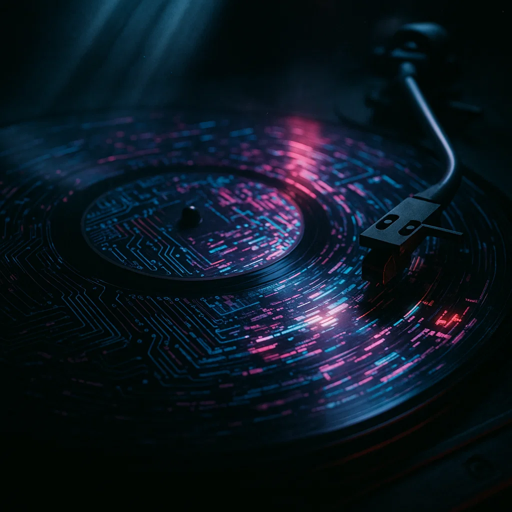 Kodun Poetikası konseptini anlatan, devre kartı desenleriyle birleşmiş bir plak üzerinde yansıyan neon "glitch" efektleri.