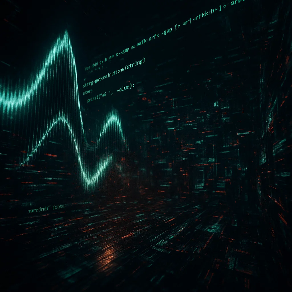 Radiohead Kid A analizini temsil eden, ses dalgalarının ve bilgisayar kodlarının iç içe geçtiği soyut ve sinematik bir görsel.