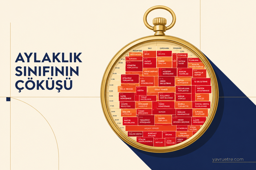 Kadranında sayı yerine dolu takvim blokları bulunan 19. yüzyıl tarzı klasik altın cep saati illüstrasyonu.