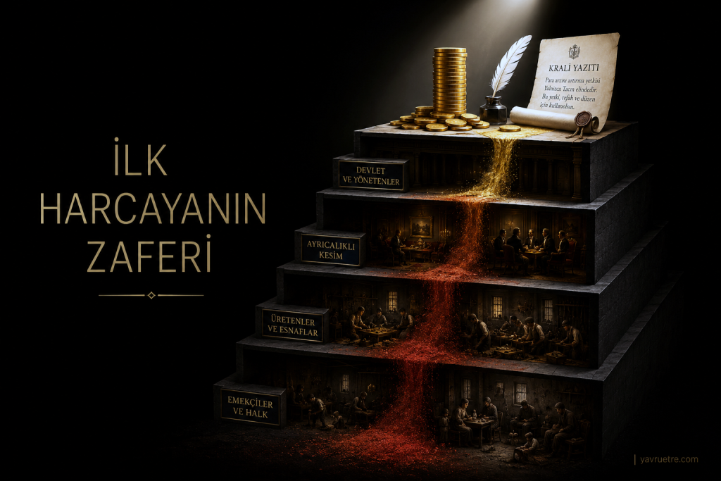 Yeni paranın ekonomiye girişini ve hiyerarşik servet aktarımını gösteren kademeli altın ve kırmızı toz metaforu.