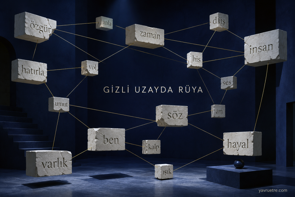 Büyük dil modellerinin gizli uzayını temsil eden, altın iplerle birbirine bağlı fiziksel taş bloklar.