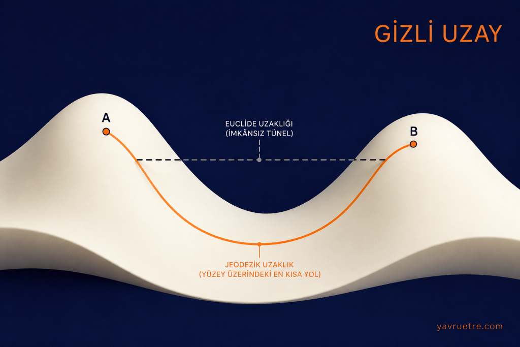 Yüksek boyutlu uzayda düz çizgi yerine yüzeyi takip eden jeodezik mesafenin matematiksel diyagramı.