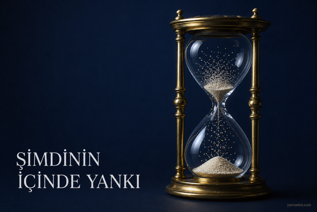 İçindeki kum taneleri havada donup kalmış cam ve pirinç kum saati, kesintili zaman algısı metaforu.