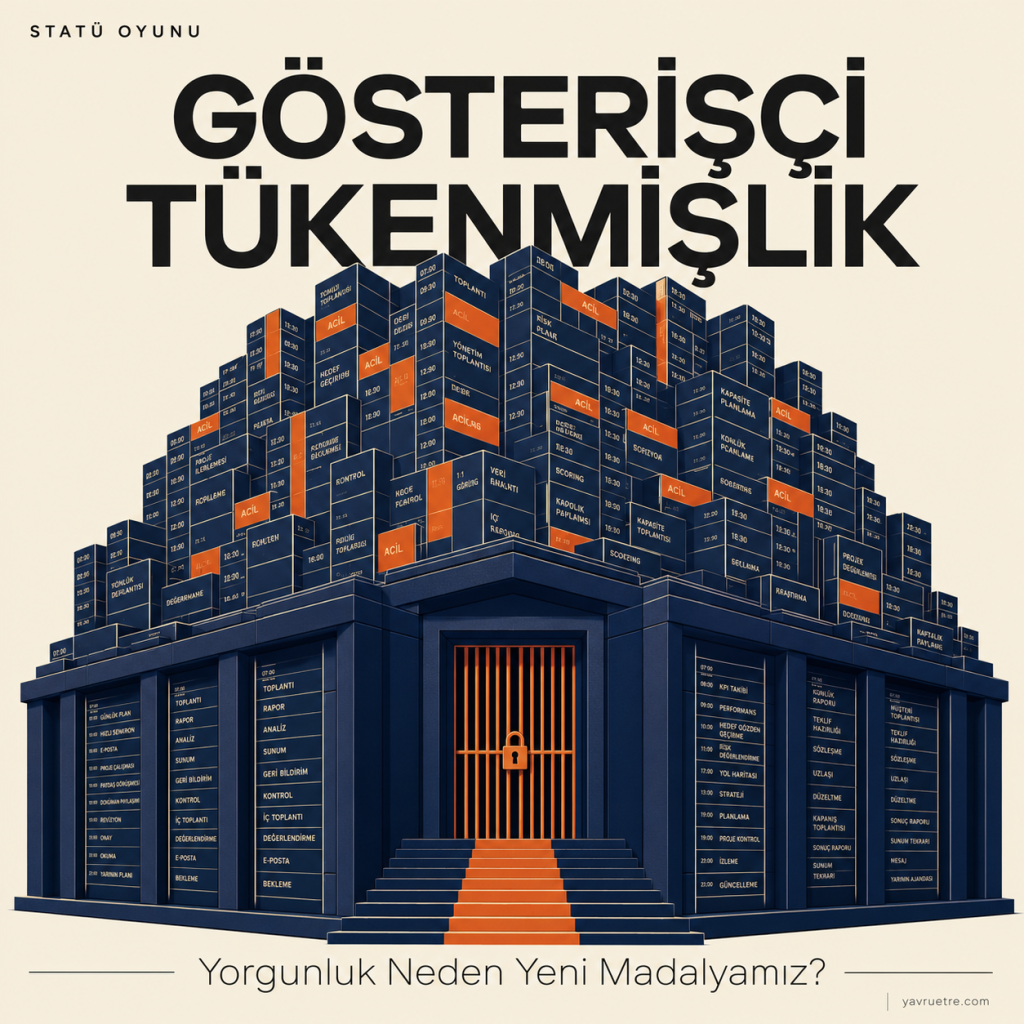 Renkli bloklarla tamamen dolmuş bir dijital takvim arayüzünü statü podyumu gibi gösteren editoryal tasarım.