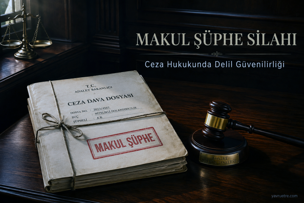 Yargıç kürsüsünde duran mühürlü ceza davası dosyası ve dijital delil güvenilirliği tokmağı.