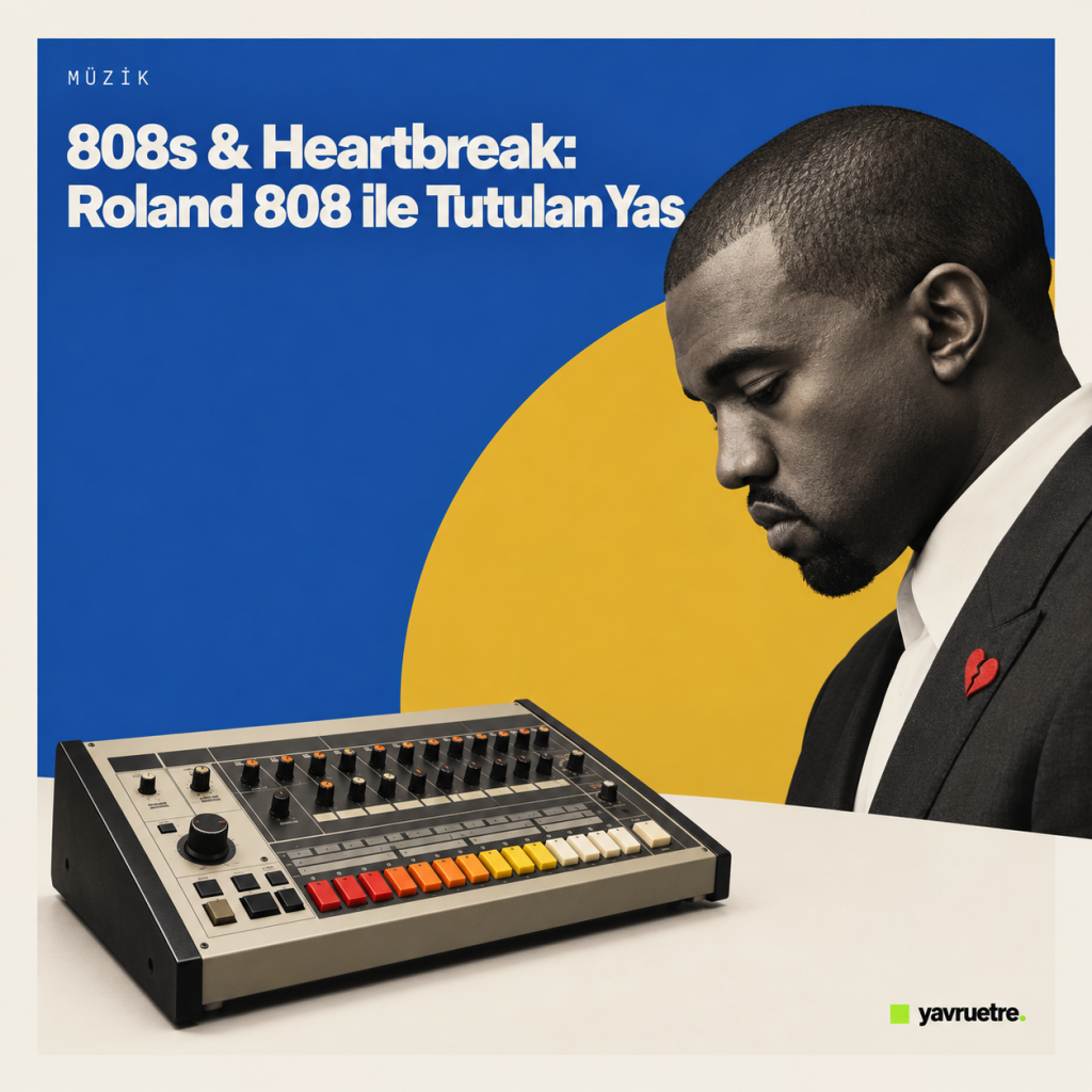 Vintage Roland TR-808 davul makinesi ve gölgede profilden duran hüzünlü Kanye West'i gösteren grafik albüm kapağı illüstrasyonu.