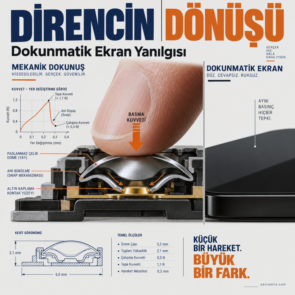 Dokunmatik ekran ile mekanik buton arasındaki farkı gösteren metal kubbe anahtar kesiti ve teknik çizim şeması.