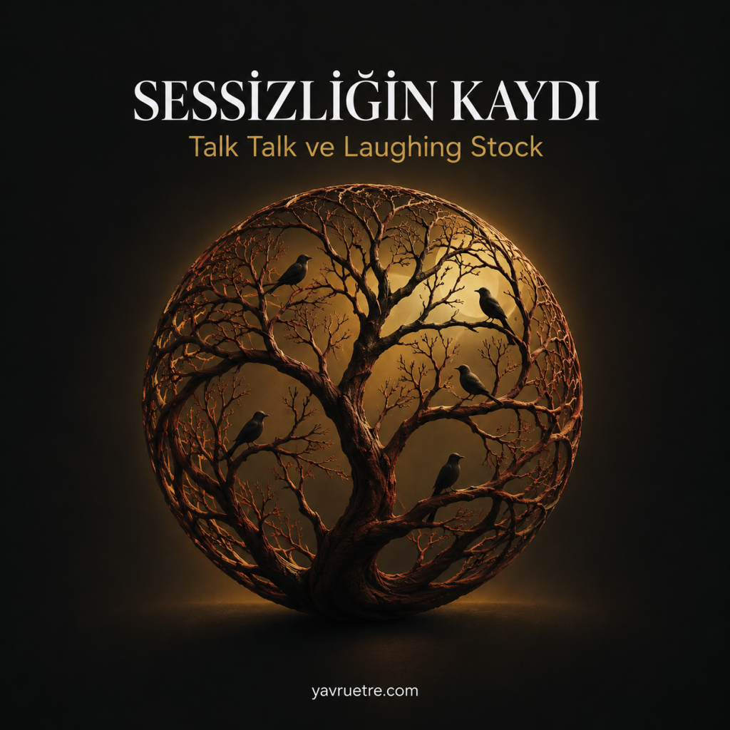 Talk Talk grubunun Laughing Stock albümü için hazırlanan, küre biçiminde dallanan ağaç ve kuşlar motifini taşıyan editoryal noir kapak tasarımı.