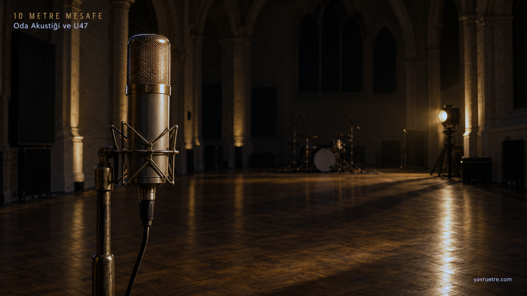 Wessex Sound Studios taş kayıt odasında davul setine on metre mesafede duran Telefunken U47 mikrofonu ve analog stüdyo atmosferi.