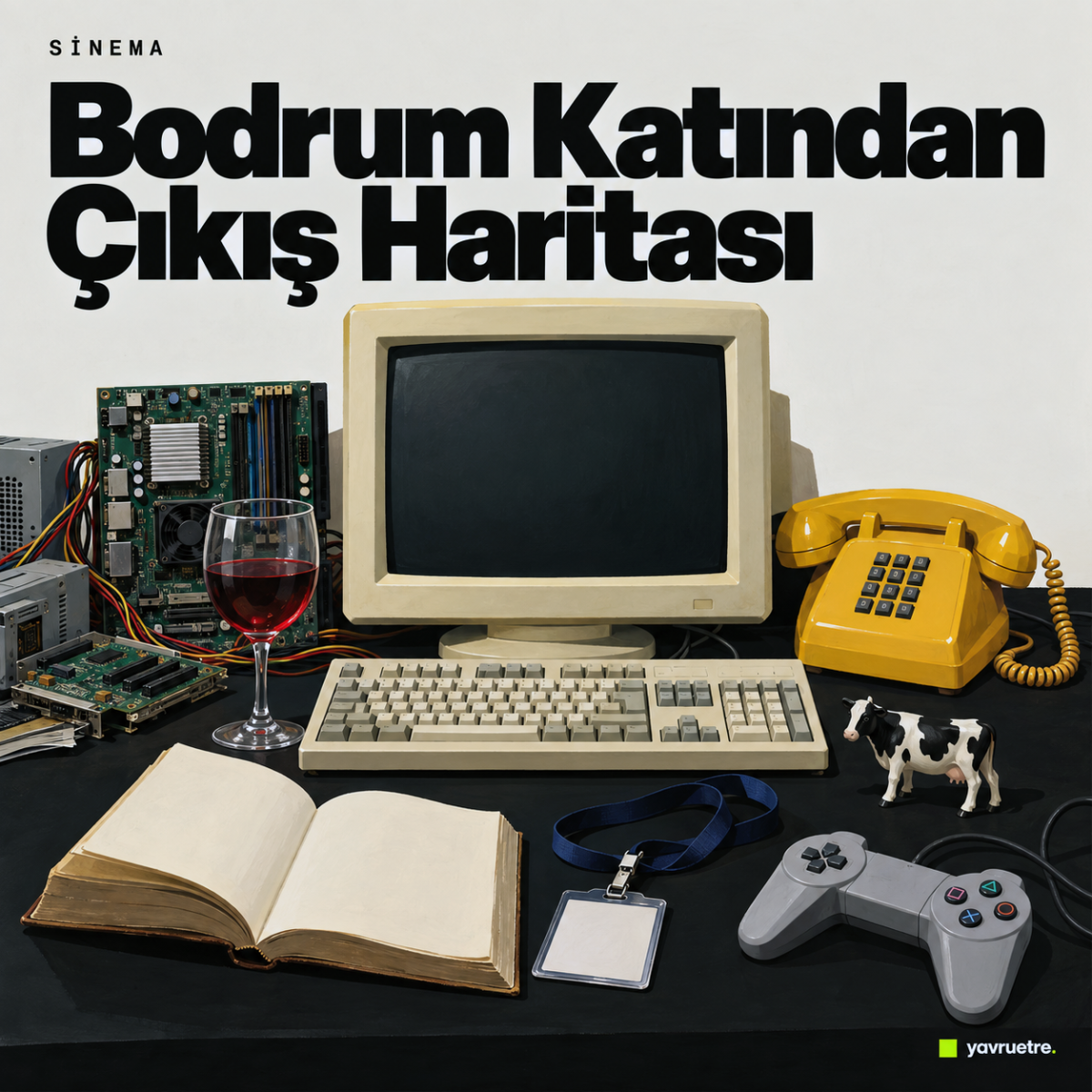 The IT Crowd bodrumundaki retro bilgisayar masasında Bernard Black'in şarap kadehi ve İngiliz komedilerinin imza nesneleri.