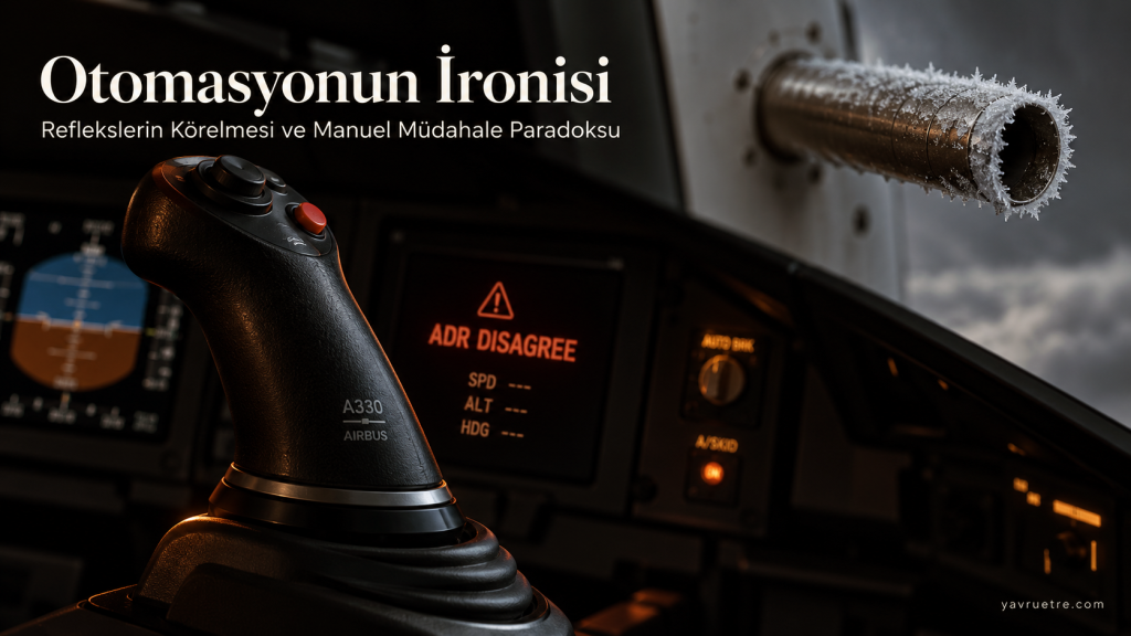 Airbus A330 kokpitindeki yan kumanda kolu ve buzlanan pitot tüpü sensörünün yakın plan fotoğrafı eşliğinde Otomasyonun İronisi başlığı.
