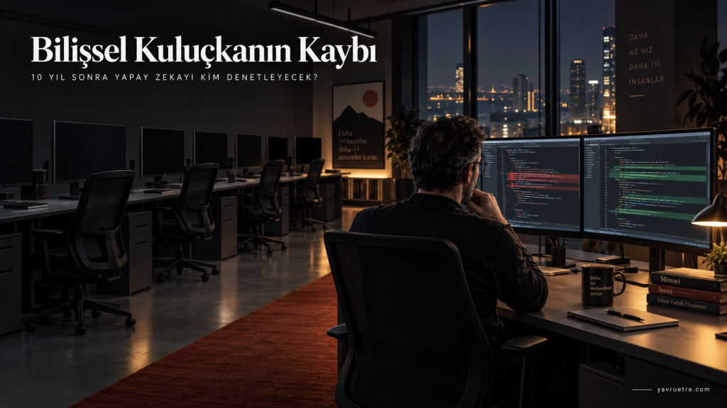 Monitör başında yalnız çalışan bir yazılım mimarı ve arkasındaki terk edilmiş boş stajyer masalarını gösteren Bilişsel Kuluçkanın Kaybı görseli.